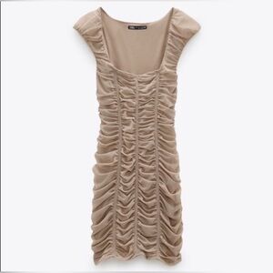 ZARA Beige Draped Ruched Sleeveless Bodycon Tulle Mini Dress w Shoulder Pads L